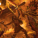 A warrior woman battles a giant, anthropomorphic salamander in front of a blazing cart.